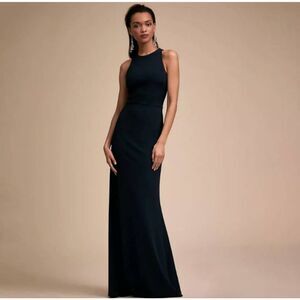 BHLDN Klara Crepe Maxi Dress Gown Sz 6 Navy Blue Halter Crisscross Bridesmaid